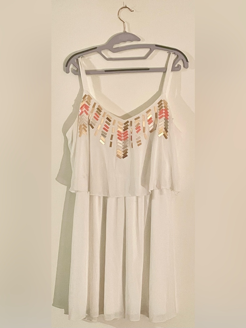 🤍 Sequin Hearts White Spaghetti-Strap Dress with Gold & Coral Sequin Trim 🤍